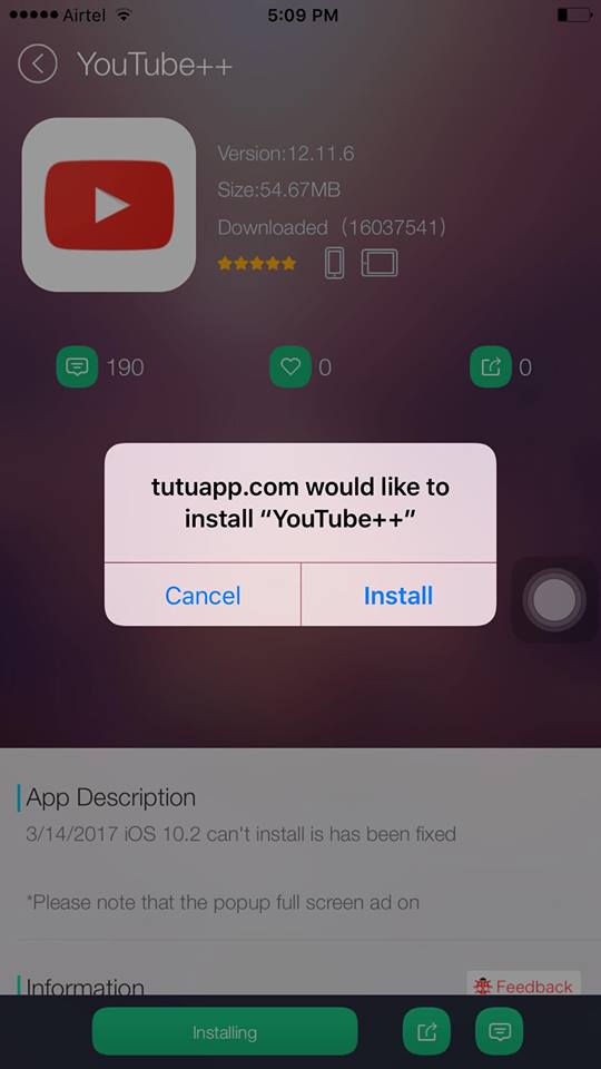 tutuapp.com would like to install youtube++