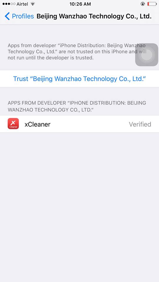 trust xcleaner developer profile on your iphone